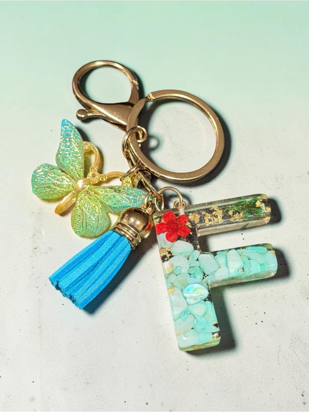 Gold Butterfly & Turquoise 'F' Resin Keychain with Blue Tassel
